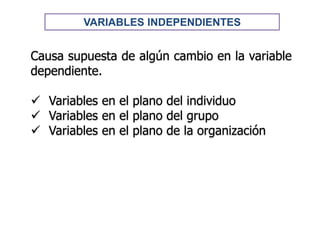 VARIABLES INDEPENDIENTES
Causa supuesta de algún cambio en la variable
dependiente.
 Variables en el plano del individuo
 Variables en el plano del grupo
 Variables en el plano de la organización
 