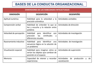 BASES DE LA CONDUCTA ORGANIZACIONAL
DIMENSIONES DE LAS HABILIDADES INTELECTUALES
DIMENSIÓN DESCRIPCIÓN DESEMPEÑO
Aptitud numérica Habilidad para la velocidad y la
precisión aritmética
Actividades contables
Comprensión verbal Habilidad de entender lo que se
lee y escucha y la relación entre
palabras
Actividades de dirección
Velocidad de percepción Habilidad para identificar con
precisión las similitudes y
diferencias visuales
Actividades de investigación
Razonamiento inductivo Habilidad para identificar una
secuencia lógica en la solución de
un problema
Actividades de investigación
Visualización espacial Habilidad para imaginar cómo se
verían los objetos que cambian de
posición en el espacio
Actividades de supervisión
Memoria Capacidad de retener y recordar
experiencias
Actividades de producción y de
socialización
 