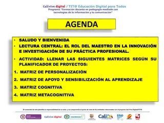 AGENDA
• SALUDO Y BIENVENIDA
• LECTURA CENTRAL: EL ROL DEL MAESTRO EN LA INNOVACIÓN
E INVESTIGACIÓN DE SU PRÁCTICA PROFESIONAL.
• ACTIVIDAD: LLENAR LAS SIGUIENTES MATRICES SEGÚN SU
PLANIFICADOR DE PROYECTOS:
1. MATRIZ DE PERSONALIZACIÓN
2. MATRIZ DE APOYO Y SENSIBILIZACIÓN AL APRENDIZAJE
3. MATRIZ COGNITIVA
4. MATRIZ METACOGNITIVA
 