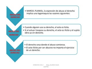 ABUSO DEL DERECHO 
•MARCEL PLANIOL, la expresión de abuso al derecho implica una logomaquia las razones siguientes: 
ABUSO DEL DERECHO 
•Cuando alguien usa su derecho, el acto es lícito. 
•Si al actuar traspasa su derecho, el acto es ilícito y el sujeto obra ya sin derecho. 
ABUSO DEL DERECHO 
•El derecho cesa donde el abuso comienza. 
•El acto ilícito por ser abusivo no importa el ejercicio de un derecho. 
DERECHO CIVIL I Abog. BLANCA SILVA CASTRO  