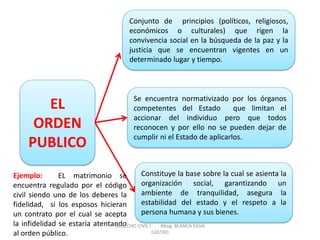 EL ORDEN PUBLICO 
Conjunto de principios (políticos, religiosos, económicos o culturales) que rigen la convivencia social en la búsqueda de la paz y la justicia que se encuentran vigentes en un determinado lugar y tiempo. 
Se encuentra normativizado por los órganos competentes del Estado que limitan el accionar del individuo pero que todos reconocen y por ello no se pueden dejar de cumplir ni el Estado de aplicarlos. 
Constituye la base sobre la cual se asienta la organización social, garantizando un ambiente de tranquilidad, asegura la estabilidad del estado y el respeto a la persona humana y sus bienes. 
Ejemplo: EL matrimonio se encuentra regulado por el código civil siendo uno de los deberes la fidelidad, si los esposos hicieran un contrato por el cual se acepta la infidelidad se estaría atentando al orden público. 
DERECHO CIVIL I Abog. BLANCA SILVA CASTRO  