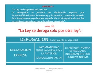 DERECHO CIVIL I Abog. BLANCA SILVA CASTRO 
ARTICULO I “La Ley se deroga solo por otra ley. La derogación se produce por declaración expresa, por incompatibilidad entre la nueva ley y la anterior o cuando la materia ésta íntegramente regulada por aquella. Por la derogación de una ley no recobran vigencia las que ella hubiere derogado” . 
ANALISIS “La Ley se deroga solo por otra ley”. 
DEROGACION (La ley pierde su vigencia) 
DECLARACION EXPRESA 
INCOMPATIBILIAD ENTRE LA NUEVA LEY Y LA ANTERIOR (DEROGACION TACITA) 
LA ANTIGUA NORMA ES REGULADA INTEGRAMENTE POR LA NUEVA NORMA  
