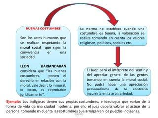 BUENAS COSTUMBES Son los actos humanos que se realizan respetando la moral social que rigen la convivencia en una sociedad. LEON BARIANDARAN considera que “las buenas costumbres, ponen el derecho en relación con la moral, vale decir; lo inmoral, lo ilícito, es reprobable jurídicamente”. 
La norma no establece cuando una costumbre es buena, la valoración se realiza tomando en cuenta los valores religiosos, políticos, sociales etc. 
El Juez será el intérprete del sentir y del apreciar general de las gentes tomando en cuenta la moral social. No podrá hacer una apreciación personalísima de lo contrario incurriría en la arbitrariedad. 
Ejemplo: Los indígenas tienen sus propias costumbres, e ideologías que varían de la forma de vida de una ciudad moderna, por ello el juez deberá valorar el actuar de la persona tomando en cuenta las costumbres que arraigan en los pueblos indígenas. 
DERECHO CIVIL I Abog. BLANCA SILVA CASTRO  