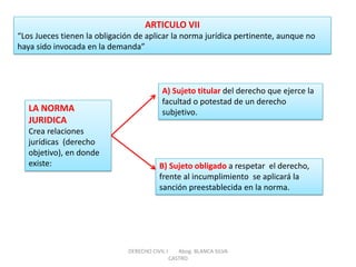 ARTICULO VII “Los Jueces tienen la obligación de aplicar la norma jurídica pertinente, aunque no haya sido invocada en la demanda” 
LA NORMA JURIDICA Crea relaciones jurídicas (derecho objetivo), en donde existe: 
A) Sujeto titular del derecho que ejerce la facultad o potestad de un derecho subjetivo. 
B) Sujeto obligado a respetar el derecho, frente al incumplimiento se aplicará la sanción preestablecida en la norma. 
DERECHO CIVIL I Abog. BLANCA SILVA CASTRO  