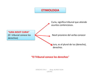 ETIMOLOGIA 
“IURA NOVIT CURIA” (El tribunal conoce los derechos) 
Novit proviene del verbo conocer 
Iura, es el plural de Ius (derecho), derechos. 
Curia, significa tribunal que atiende asuntos contenciosos. 
“El Tribunal conoce los derechos” 
DERECHO CIVIL I Abog. BLANCA SILVA CASTRO  