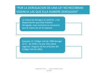 “POR LA DEROGACION DE UNA LEY NO RECOBRAN VIGENCIA LAS QUE ELLA HUBIERE DEROGADO” 
La nueva ley deroga a la anterior y las disposiciones que ésta hubiere derogado, caso contrario es necesario que la nueva ley así lo exprese. 
Ejemplo: El Código civil de 1984 derogó al CC. de 1936 y no por ello cobró vigencia ninguno de los artículos del Código Civil de 1852. 
DERECHO CIVIL I Abog. BLANCA SILVA CASTRO  