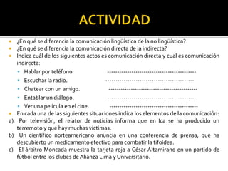  ¿En qué se diferencia la comunicación lingüística de la no lingüística?
 ¿En qué se diferencia la comunicación directa de la indirecta?
 Indica cuál de los siguientes actos es comunicación directa y cual es comunicación
indirecta:
 Hablar por teléfono. --------------------------------------------
 Escuchar la radio. --------------------------------------------
 Chatear con un amigo. --------------------------------------------
 Entablar un diálogo. --------------------------------------------
 Ver una película en el cine. --------------------------------------------
 En cada una de las siguientes situaciones indica los elementos de la comunicación:
a) Por televisión, el relator de noticias informa que en Ica se ha producido un
terremoto y que hay muchas víctimas.
b) Un científico norteamericano anuncia en una conferencia de prensa, que ha
descubierto un medicamento efectivo para combatir la tifoidea.
c) El árbitro Moncada muestra la tarjeta roja a César Altamirano en un partido de
fútbol entre los clubes de Alianza Lima y Universitario.
 