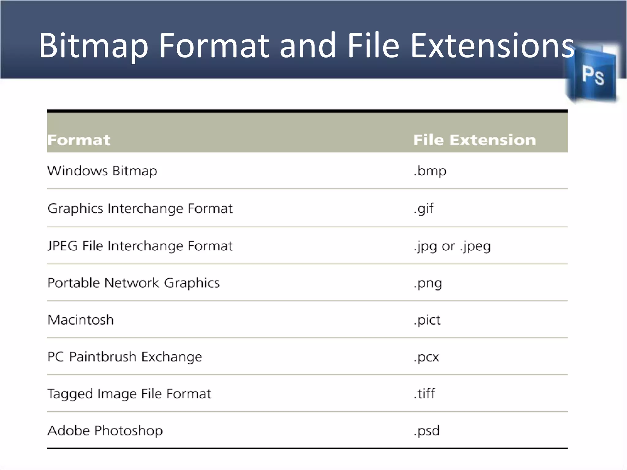 Bitmap Format and File Extensions
 