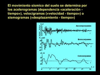 El movimiento sísmico del suelo se determina por
los acelerogramas (dependencia «aceleración -
tiempo»), velocigramas («velocidad - tiempo») o
sismogramas («desplazamiento - tiempo»)
 