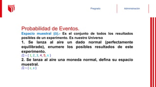 Administración
Pregrado
Probabilidad de Eventos.
Espacio muestral (Ω).- Es el conjunto de todos los resultados
posibles de un experimento. Es nuestro Universo.
1. Se lanza al aire un dado normal (perfectamente
equilibrado), enumere los posibles resultados de este
experimento.
Ω = { 1, 2, 3, 4, 5, 6 }
2. Se lanza al aire una moneda normal, defina su espacio
muestral.
Ω = { c, s }
 