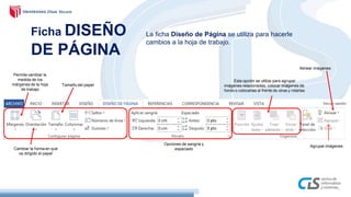 Ficha DISEÑO
DE PÁGINA
La ficha Diseño de Página se utiliza para hacerle
cambios a la hoja de trabajo.
Alinear imágenes
Permite cambiar la
medida de los
márgenes de la hoja
de trabajo
Esta opción se utiliza para agrupar
imágenes relacionadas, colocar imágenes de
fondo o colocarlas al frente de otras y rotarlas
Cambiar la forma en que
va dirigido el papel
Agrupar imágenes
Opciones de sangría y
espaciado
Tamaño del papel
 