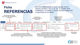 Ficha
REFERENCIAS
En la ficha Referencias se puede agregar citas en
diversos formatos, esto a su vez, le permite darle
credibilidad a tu trabajo. La ayuda a escribir referencias
y organizarlas en su trabajo.
Permite conseguir formatos
para crear la tabla de contenido de
un documento
Agrega índice de las
palabras claves
encontradas en tu
documento
Inserta citas en
diferentes formatos, por
ejemplo APA
Se puede insertar titulo a imágenes, ecuaciones o
fotos que incluya el documento. También permite crear una tabla con las
imágenes que tenga el trabajo “referencia cruzada” dando la oportunidad
de crear citas de referencia para ubicar en que página se encuentra la
imagen en la cual se hace la referencia
Las notas al pie y al final son usadas en
documentos impresos para explicar un comentario o
referencias provistas en el texto. También sirven para
citar
Añadir tabla de
autoridades
 