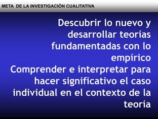 META DE LA INVESTIGACIÓN CUALITATIVA
Descubrir lo nuevo y
desarrollar teorías
fundamentadas con lo
empírico
Comprender e interpretar para
hacer significativo el caso
individual en el contexto de la
teoría
 