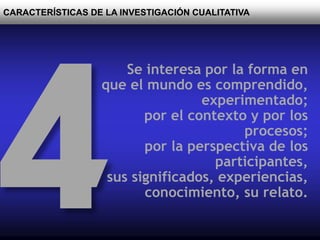 CARACTERÍSTICAS DE LA INVESTIGACIÓN CUALITATIVA
Se interesa por la forma en
que el mundo es comprendido,
experimentado;
por el contexto y por los
procesos;
por la perspectiva de los
participantes,
sus significados, experiencias,
conocimiento, su relato.
 