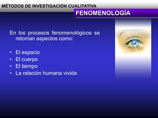 MÉTODOS DE INVESTIGACIÓN CUALITATIVA
FENOMENOLOGÍA
En los procesos fenomenológicos se
retoman aspectos como:
• El espacio
• El cuerpo
• El tiempo
• La relación humana vivida
 