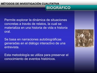 MÉTODOS DE INVESTIGACIÓN CUALITATIVA
BIOGRÁFICO
Permite explorar la dinámica de situaciones
concretas a través de relatos, la cual se
materializa en una historia de vida e historia
oral.
Se basa en narraciones autobiográficas
generadas en el diálogo interactivo de una
entrevista.
Esta metodología se utiliza para preservar el
conocimiento de eventos históricos.
 