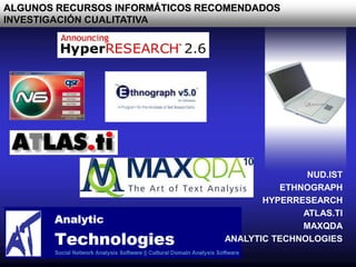 ALGUNOS RECURSOS INFORMÁTICOS RECOMENDADOS
INVESTIGACIÓN CUALITATIVA
NUD.IST
ETHNOGRAPH
HYPERRESEARCH
ATLAS.TI
MAXQDA
ANALYTIC TECHNOLOGIES
 