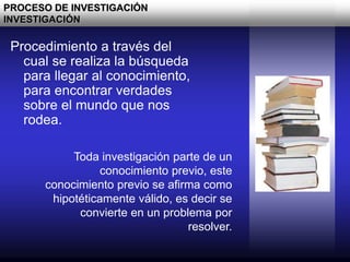 Toda investigación parte de un
conocimiento previo, este
conocimiento previo se afirma como
hipotéticamente válido, es decir se
convierte en un problema por
resolver.
PROCESO DE INVESTIGACIÓN
INVESTIGACIÓN
Procedimiento a través del
cual se realiza la búsqueda
para llegar al conocimiento,
para encontrar verdades
sobre el mundo que nos
rodea.
 
