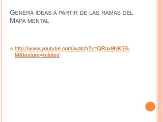 GENERA IDEAS A PARTIR DE LAS RAMAS DEL
MAPA MENTAL



   http://www.youtube.com/watch?v=QRax9NK5B-
    M&feature=related
 