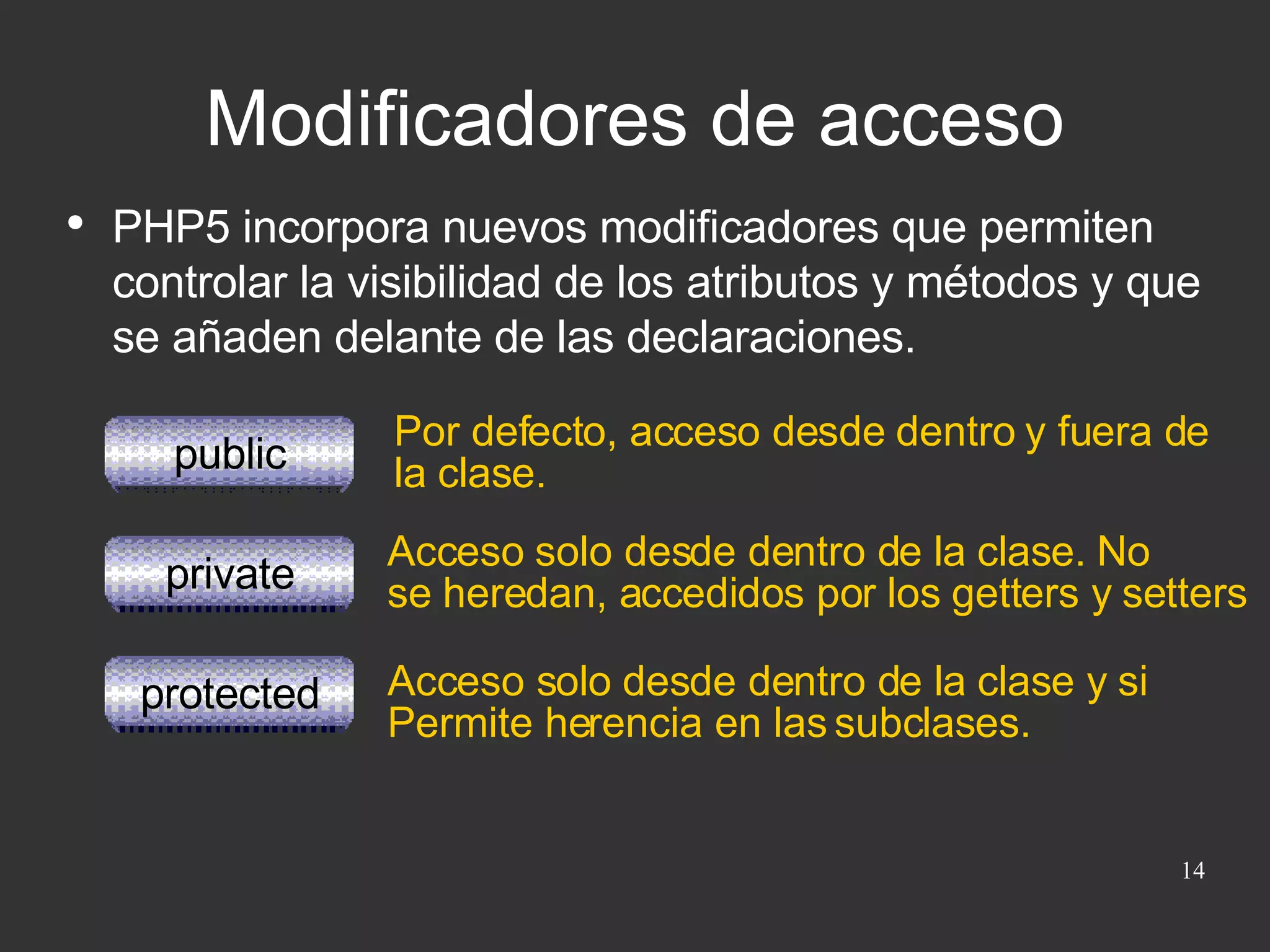 Modificadores de acceso PHP5 incorpora nuevos modificadores que permiten controlar la visibilidad de los atributos y métodos y que se añaden delante de las declaraciones. public private protected Por defecto, acceso desde dentro y fuera de la clase. Acceso solo desde dentro de la clase. No se heredan, accedidos por los getters y setters Acceso solo desde dentro de la clase y si Permite herencia en las subclases.  