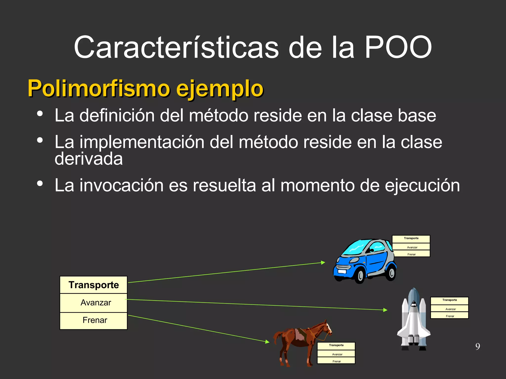 Características de la POO Polimorfismo ejemplo La definición del método reside en la clase base La implementación del método reside en la clase derivada La invocación es resuelta al momento de ejecución Transporte Avanzar Frenar Transporte Avanzar Frenar Transporte Avanzar Frenar Transporte Avanzar Frenar 