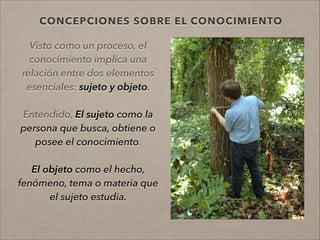CONCEPCIONES SOBRE EL CONOCIMIENTO
Visto como un proceso, el
conocimiento implica una
relación entre dos elementos
esenciales: sujeto y objeto.
!
Entendido, El sujeto como la
persona que busca, obtiene o
posee el conocimiento.
!
El objeto como el hecho,
fenómeno, tema o materia que
el sujeto estudia.
!
!
 