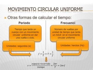  Otras formas de calcular el tiempo:
MOVIMIENTO CIRCULAR UNIFORME
Periodo Frecuenci
a
Tiempo que tarda un
cuerpo con un movimiento
circular uniforme en dar
una vuelta o ciclo.
Número de vueltas por
unidad de tiempo que tarda
un móvil en el movimiento
circular uniforme
Unidades: segundos (s) Unidades: hercios (Hz)
𝑓 =
1
𝑇
↔ 𝑇 =
1
𝑓
𝑣 =
𝑒𝑠𝑝𝑎𝑐𝑖𝑜 𝑟𝑒𝑐𝑜𝑟𝑟𝑖𝑑𝑜
𝑡𝑖𝑒𝑚𝑝𝑜
=
2𝜋𝑟
𝑇
= 2𝜋𝑟𝑓
 