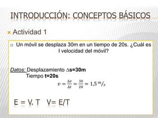  Actividad 1
INTRODUCCIÓN: CONCEPTOS BÁSICOS
o Un móvil se desplaza 30m en un tiempo de 20s. ¿Cuál es
l velocidad del móvil?
Datos: Desplazamiento ∆s=30m
Tiempo t=20s
𝑣 =
∆𝑒
∆𝑡
=
30
20
= 1,5 𝑚
𝑠
E = V. T V= E/T
 