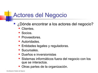 Actores del Negocio
                 ¿Dónde encontrar a los actores del negocio?
                        Clientes.
                        Socios.
                        Proveedores.
                        Autoridades.
                        Entidades legales y reguladoras.
                        Sucursales.
                        Dueños e inversionistas
                        Sistemas informáticos fuera del negocio con los
                         que se interactúa.
                        Otras partes de la organización.
CAL/Notación Modelo del Negocio
 