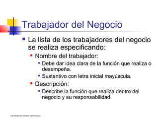 Trabajador del Negocio
                 La lista de los trabajadores del negocio
                  se realiza especificando:
                        Nombre del trabajador:
                                 Debe dar idea clara de la función que realiza o
                                  desempeña.
                                 Sustantivo con letra inicial mayúscula.
                        Descripción:
                            
                                  Describe la función que realiza dentro del
                                  negocio y su responsabilidad.


CAL/Notación Modelo del Negocio
 