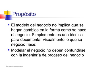 Propósito
        El modelo del negocio no implica que se
         hagan cambios en la forma como se hace
         el negocio. Simplemente es una técnica
         para documentar visualmente lo que su
         negocio hace.
        Modelar el negocio no deben confundirse
         con la ingeniería de proceso del negocio

CAL/Notación Modelo del Negocio
 
