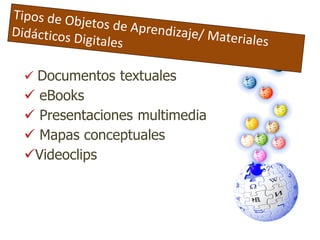  Documentos textuales
 eBooks
 Presentaciones multimedia
 Mapas conceptuales
Videoclips
 