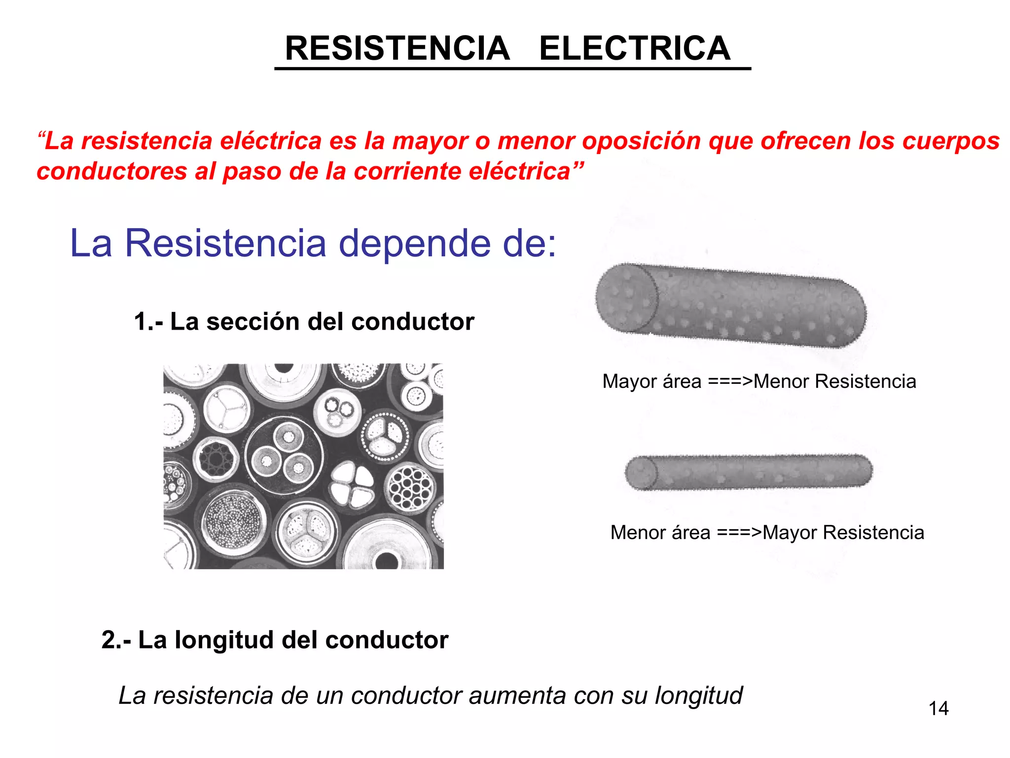 RESISTENCIA ELECTRICA

“La resistencia eléctrica es la mayor o menor oposición que ofrecen los cuerpos
conductores al paso de la corriente eléctrica”


  La Resistencia depende de:
       1.- La sección del conductor

                                               Mayor área ===>Menor Resistencia




                                                Menor área ===>Mayor Resistencia




     2.- La longitud del conductor

      La resistencia de un conductor aumenta con su longitud                       14
 