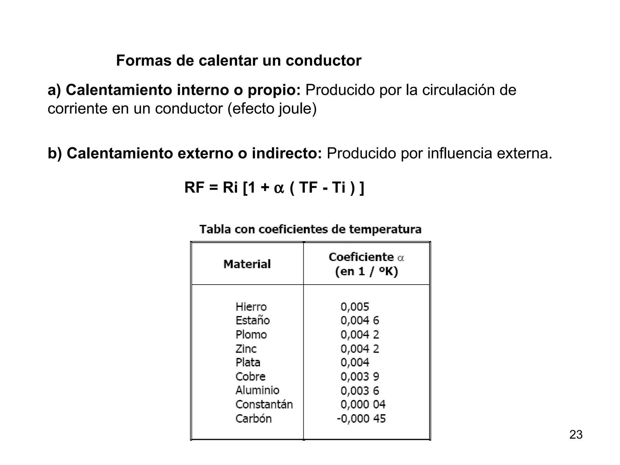 Formas de calentar un conductor
a) Calentamiento interno o propio: Producido por la circulación de
corriente en un conductor (efecto joule)

b) Calentamiento externo o indirecto: Producido por influencia externa.

                   RF = Ri [1 + α ( TF - Ti ) ]




                                                                          23
 