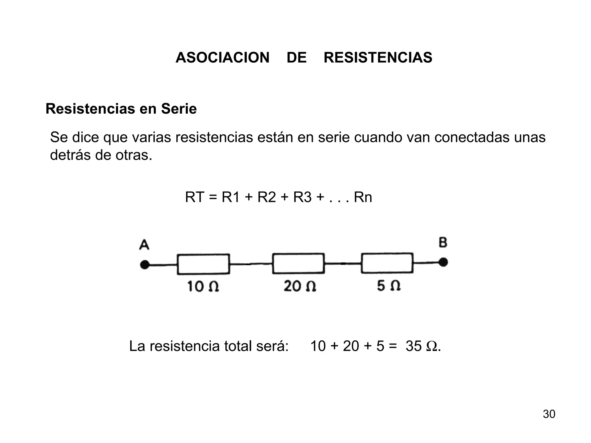ASOCIACION        DE    RESISTENCIAS


Resistencias en Serie
Se dice que varias resistencias están en serie cuando van conectadas unas
detrás de otras.

                    RT = R1 + R2 + R3 + . . . Rn




           La resistencia total será:    10 + 20 + 5 = 35 Ω.



                                                                        30
 