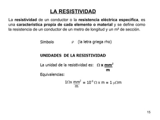 LA RESISTIVIDAD
La resistividad de un conductor o la resistencia eléctrica especifica, es
una característica propia de cada elemento o material y se define como
la resistencia de un conductor de un metro de longitud y un m2 de sección.




                                                                             15
 