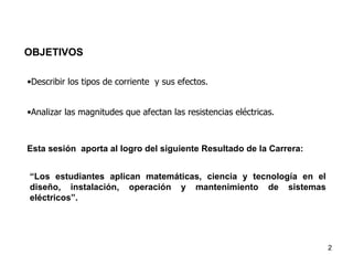 OBJETIVOS

•Describir los tipos de corriente y sus efectos.


•Analizar las magnitudes que afectan las resistencias eléctricas.



Esta sesión aporta al logro del siguiente Resultado de la Carrera:


“Los estudiantes aplican matemáticas, ciencia y tecnología en el
diseño, instalación, operación y mantenimiento de sistemas
eléctricos”.




                                                                     2
 