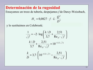 11
5
2
0827,0
D
Q
LfHr ⋅⋅⋅=






⋅
+⋅−=
f
Dk
f DRe
51,2
7,3
/
log2
1
)2(1
10
Re
51,2
7,3
/ f
D f
Dk ⋅−
=
⋅
+






⋅
−⋅= ⋅−
fD
k
D
f
Re
51,2
107,3 )2(1
Determinación de la rugosidad
Ensayamos un trozo de tubería, despejamos f de Darcy-Weissbach,
y lo sustituimos en Colebrook:
 