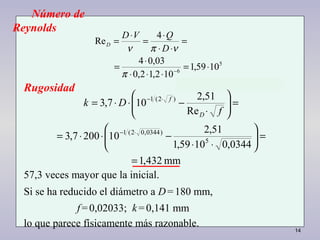 14
5
6
1059,1
102,12,0
03,04
4
Re
⋅=
⋅⋅⋅
⋅
=
=
⋅⋅
⋅
=
⋅
=
−
π
νπν D
QVD
D
mm432,1
0344,01059,1
51,2
102007,3
Re
51,2
107,3
5
)0344,02(1
)2(1
=
=





⋅⋅
−⋅⋅=
=





⋅
−⋅⋅=
⋅−
⋅−
f
Dk
D
f
Número de
Reynolds
Rugosidad
57,3 veces mayor que la inicial.
Si se ha reducido el diámetro a D=180 mm,
f=0,02033; k=0,141 mm
lo que parece físicamente más razonable.
 