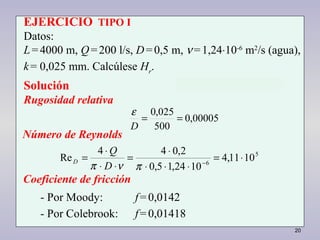 20
00005,0
500
025,0
==
D
ε
5
6
1011,4
1024,15,0
2,044
Re ⋅=
⋅⋅⋅
⋅
=
⋅⋅
⋅
= −
πνπ D
Q
D
EJERCICIO TIPO I
Datos:
L=4000 m, Q=200 l/s, D=0,5 m, ν=1,24⋅10-6
m2
/s (agua),
k= 0,025 mm. Calcúlese Hr
.
Solución
Rugosidad relativa
Número de Reynolds
Coeficiente de fricción
- Por Moody: f=0,0142
- Por Colebrook: f=0,01418
 