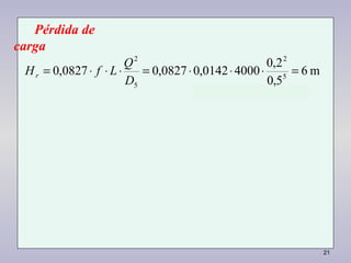 21
Pérdida de
carga
m6
5,0
2,0
40000142,00827,00827,0 5
2
5
2
=⋅⋅⋅=⋅⋅⋅=
D
Q
LfHr
 