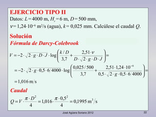 José Agüera Soriano 2012 22
sm1995,0
4
5,0
016,1
4
3
22
=
⋅
⋅=
⋅
⋅=
ππ D
VQ
EJERCICIO TIPO II
Datos: L=4000 m, Hr
=6 m, D=500 mm,
ν=1,24⋅10−6
m2
/s (agua), k= 0,025 mm. Calcúlese el caudal Q.
Solución
Fórmula de Darcy-Colebrook
Caudal
sm1,016
400065,025,0
1024,151,2
7,3
500/025,0
log400065,022
2
51,2
7,3
/
log22
6
=
=





⋅⋅⋅⋅
⋅⋅
+⋅⋅⋅⋅⋅−=
=





⋅⋅⋅⋅
⋅
+⋅⋅⋅⋅⋅−=
−
g
g
JDgD
Dk
JDgV
ν
 