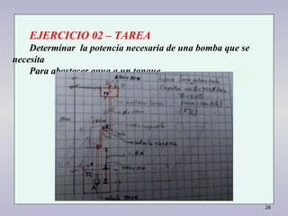 28
EJERCICIO 02 – TAREA
Determinar la potencia necesaria de una bomba que se
necesita
Para abastecer agua a un tanque
 