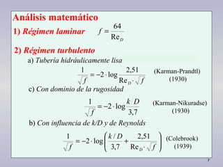 7
Análisis matemático
1) Régimen laminar
D
f
Re
64
=
2) Régimen turbulento
a) Tubería hidráulicamente lisa
ff D ⋅
⋅−=
Re
51,2
log2
1
c) Con dominio de la rugosidad
7,3
log2
1 Dk
f
⋅−=
b) Con influencia de k/D y de Reynolds






⋅
+⋅−=
f
Dk
f DRe
51,2
7,3
/
log2
1
(Karman-Prandtl)
(1930)
(Karman-Nikuradse)
(1930)
(Colebrook)
(1939)
 