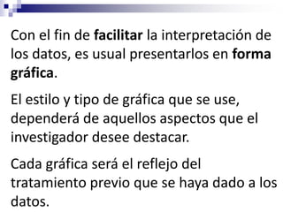 Con el fin de facilitar la interpretación de
los datos, es usual presentarlos en forma
gráfica.
El estilo y tipo de gráfica que se use,
dependerá de aquellos aspectos que el
investigador desee destacar.
Cada gráfica será el reflejo del
tratamiento previo que se haya dado a los
datos.
 