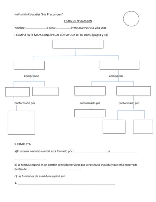 Institución Educativa “Los Precursores”

                                          FICHA DE APLICACIÓN

Nombre: …………………………Fecha: …………………Profesora: Patricia Vilca Díaz

I COMPLETA EL MAPA CONCEPTUAL CON AYUDA DE TU LIBRO (pag 41 y 42)




       Comprende                                                           comprende




Conformado por                                      conformado por                 conformado por




II COMPLETA

a)El sistema nervioso central esta formado por : ……………………………………….. y …………………………………

………………………………………

b) La Médula espinal es un cordón de tejido nervioso que atraviesa la espalda y que está encerrada
dentro del …………………………………………………………………

c) Las funciones de la médula espinal son:

1. ________________________________________________________________
 