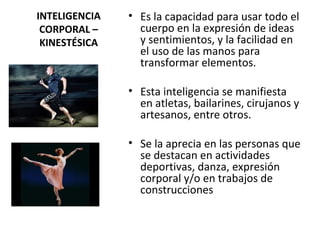INTELIGENCIA   • Es la capacidad para usar todo el 
 CORPORAL –      cuerpo en la expresión de ideas 
 KINESTÉSICA     y sentimientos, y la facilidad en 
                 el uso de las manos para 
                 transformar elementos.
                
               • Esta inteligencia se manifiesta 
                 en atletas, bailarines, cirujanos y 
                 artesanos, entre otros. 

               • Se la aprecia en las personas que 
                 se destacan en actividades 
                 deportivas, danza, expresión 
                 corporal y/o en trabajos de 
                 construcciones
 