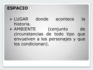 ESPACIO 
 LUGAR donde acontece la 
historia. 
 AMBIENTE (conjunto de 
circunstancias de todo tipo que 
envuelven a los personajes y que 
los condicionan). 
 