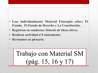 Trabajo con Material SM
(pág. 15, 16 y 17)
• Leer individualmente Material Fotocopia sobre: El
Estado, El Estado de Derecho y La Constitución.
• Registran en cuaderno: Síntesis de ideas claves.
• Realizan actividad nº4 únicamente.
• Revisamos en plenario.
 