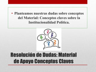 Resolución de Dudas: Material
de Apoyo Conceptos Claves
• Planteamos nuestras dudas sobre conceptos
del Material: Conceptos claves sobre la
Institucionalidad Política.
 